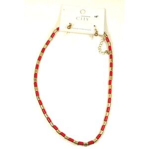 Red Beaded Necklace & Earrings Set – Statement Jewelry Gold Tone Accents